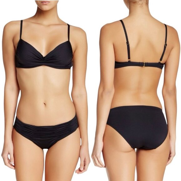 NWT Badgley Mischka Bikini Bottom SZ. 8 Black Ruching Solid Low Rise Minimalist - Picture 2 of 12